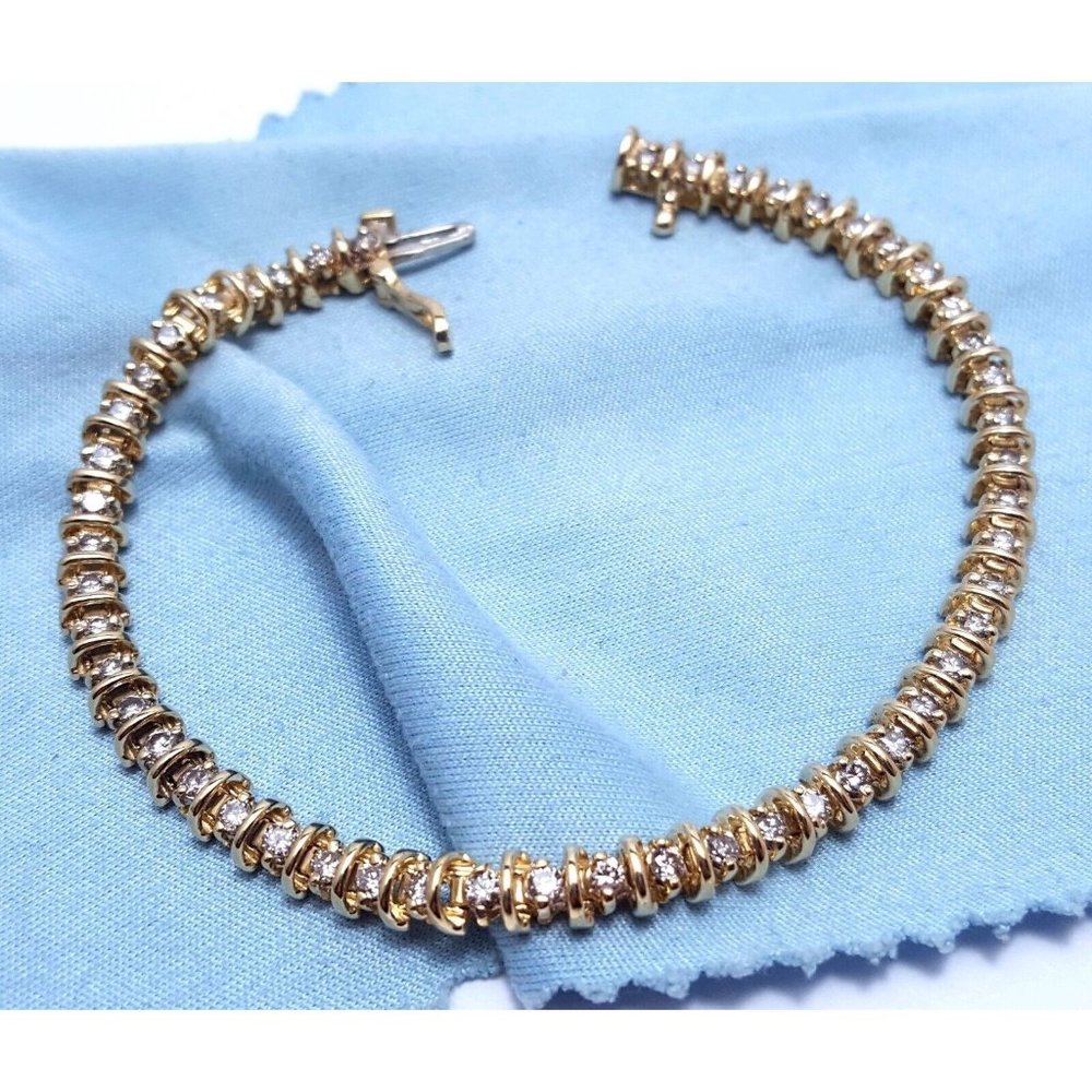 Unique 14K Karat Solid Yellow Gold Designer Diamond Tennis Link Bracelet 6.75" L